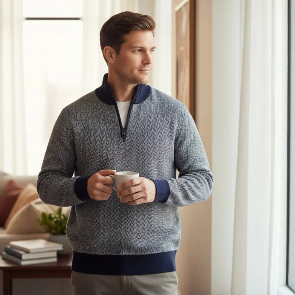 J .Crew Blue And Grey  Herringbone 1/4 Zip Pullover Long Sleeve Sweater For Men